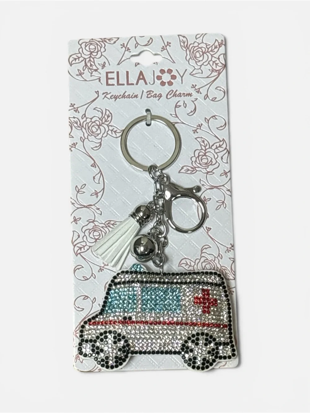 Ambulance Keychain Bag Charm- Ella White & Silver Rhinestone